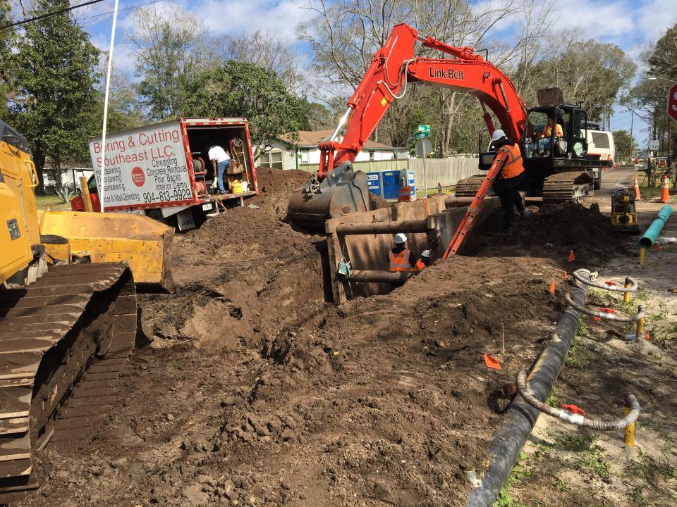 Crews work at the corner of Lucomar Drive and Amazon Avenue on the Biltmore C water and sewer improvement project in Jacksonville. The city committed in 2016 to provide sewer service to Biltmore and two other neighborhoods, Beverly Hills and Christobel, so property-owners could phase out septic tanks.