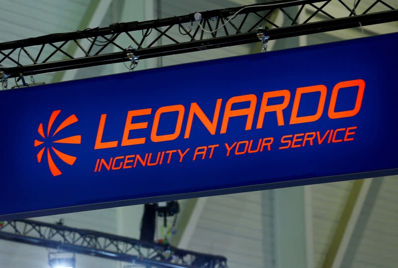 FILE PHOTO: FILE PHOTO: FILE PHOTO: A logo of defence group Leonardo is pictured on their booth during EBACE in Geneva