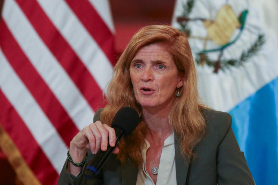 US Agency for International Development (USAID) Administrator Samantha Power speaks during a news conference at the National Palace of Culture in Guatemala City, Guatemala, January 15, 2024. (REUTERS/Jose Cabezas)