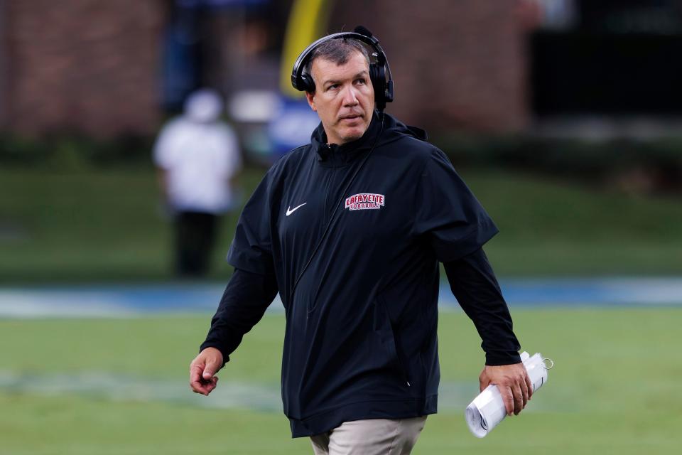 Lafayette coach John Troxell looks at the scoreboard during the first half of the team's NCAA college football game against Duke in Durham, N.C., Saturday, Sept. 9, 2023. (AP Photo/Ben McKeown)