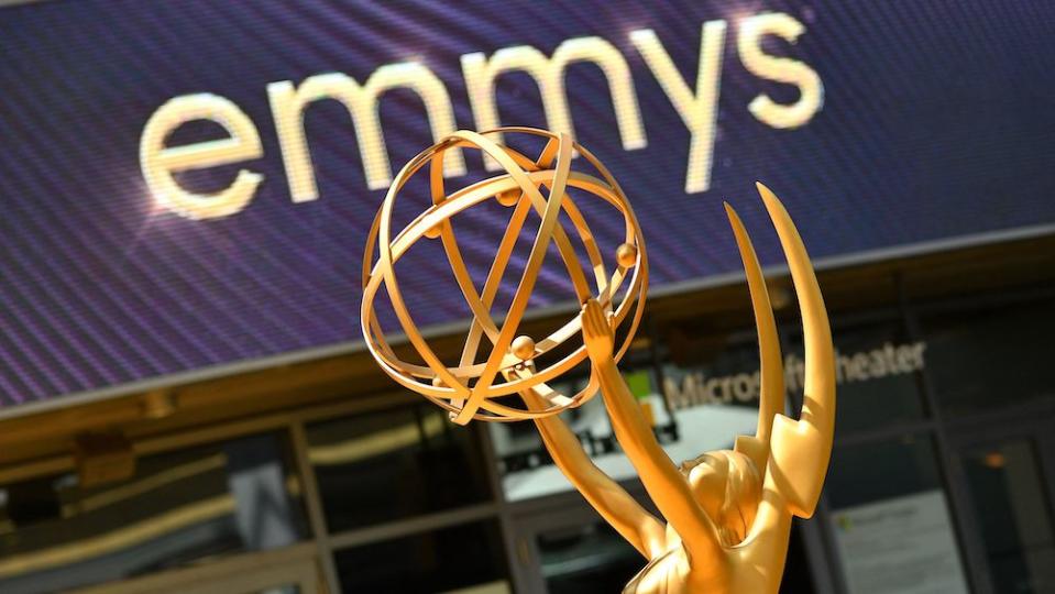 An Emmy statue is seen on the red carpet ahead of the 74th Emmy Awards at the Microsoft Theater in Los Angeles, California, on September 12, 2022. (Photo by Chris DELMAS / AFP) (Photo by CHRIS DELMAS/AFP via Getty Images)