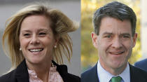 FILE - This photo combo taken Nov. 3, 2016, shows Bridget Kelly, left, who was New Jersey Gov. Chris Christie's former deputy chief of staff, and Bill Baroni, right, who was Christie's former top appointee at The Port Authority of New York and New Jersey, entering court in Newark, N.J. Prosecutors wrote to a judge Monday, March 27, 2017, that Kelly and Baroni committed perjury on the witness stand during their fall 2016 corruption trial, and shouldn't be given any leniency during their sentencing scheduled Wednesday, March 29. (AP Photos/Julio Cortez, File)