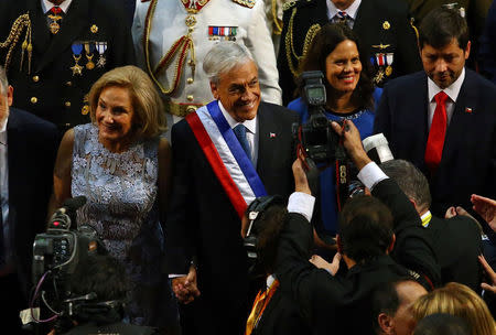 Chile's newly sworn-in President Sebastian Pinera and his wife and first lady Cecilia Morel leave the Congress in Valparaiso, Chile March 11, 2018. REUTERS/Ivan Alvarado