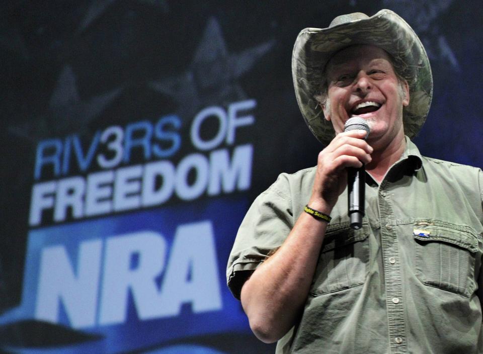 FILE - In this May 1, 2011, file photo, musician and gun rights activist Ted Nugent addresses a seminar at the National Rifle Association's 140th convention in Pittsburgh. The National Rifle Association is gathering for its 148th annual meeting beginning Thursday, April 25, 2019, in Indianapolis. (AP Photo/Gene J. Puskar, File)