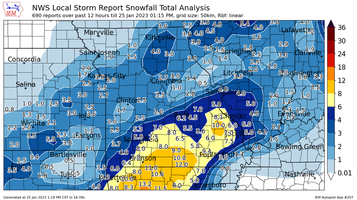 Parts of southern Missouri, generally south of Interstate 44, saw the heaviest snowfall from the overnight winter storm, according to a snowfall totals map.