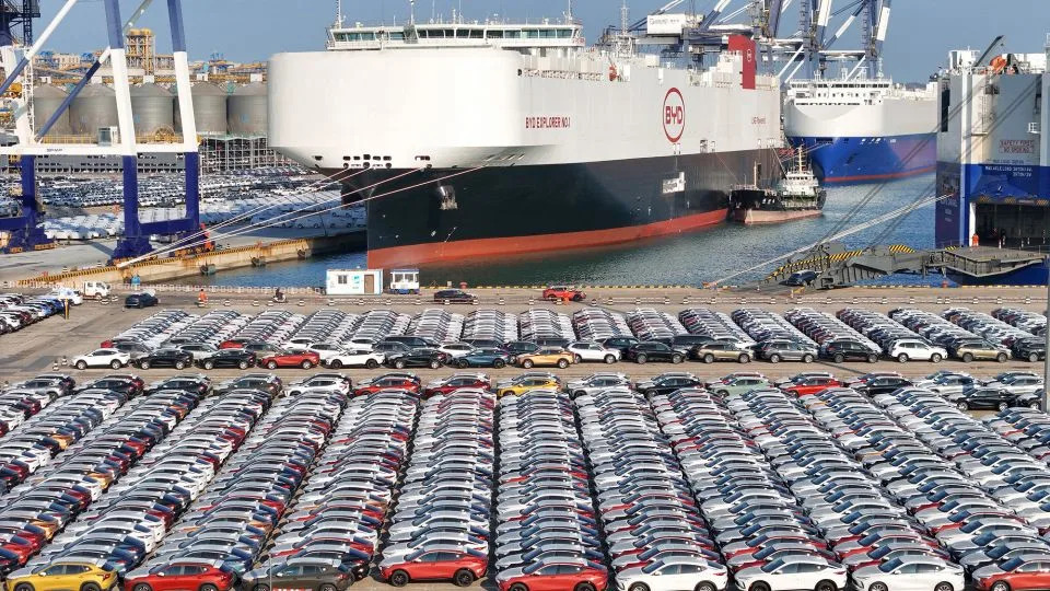Electric cars wait to be loaded on the BYD Explorer No.1, a Chinese-made<strong> </strong>vessel intended to export Chinese autos, at Yantai port in eastern China's Shandong province in January 2024. - STR/AFP/Getty Images