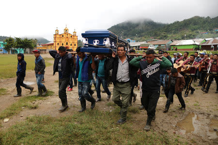 Pallbearers carry the coffin of Misael Paiz, 25, to his funeral in Aguacate, Huehuetenango, Guatemala, October 29, 2018. REUTERS/Lucy Nicholson