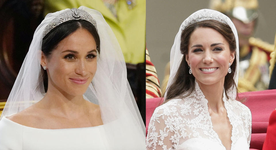 Meghan and Kate both wore borrowed tiaras. [Photo: Getty]