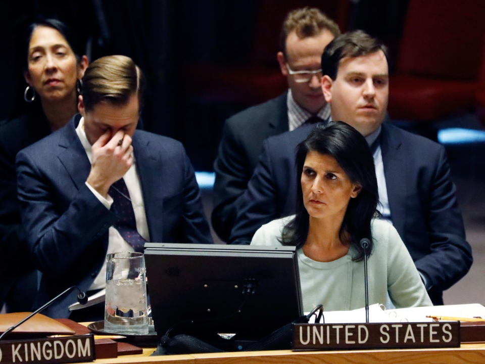 The new US Ambassador to the United Nations, Nikki Haley, waits to address the Security Council on the situation in Ukraine: EPA