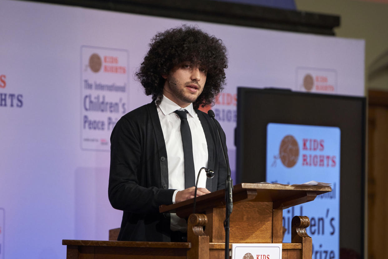 THE HAGUE, NETHERLANDS - NOVEMBER 20: Mohamad al Jounde, winner of the 2017 edition speaks to attendees during The International Children's Peace Prize on November 20, 2019 in The Hague, Netherlands. The award ceremony for The International Children's Peace Prize was held in The Hague. Since 2005 these awards have been presented annually to reward children who dedicate their lives to defending the rights of children around the world. In this edition the winners have been Divina Maloum, for her work to eradicate the use of child soldiers in Cameroon and Greta Thunberg, for her fight against climate change. (Photo by Nacho Calonge/Getty Images)