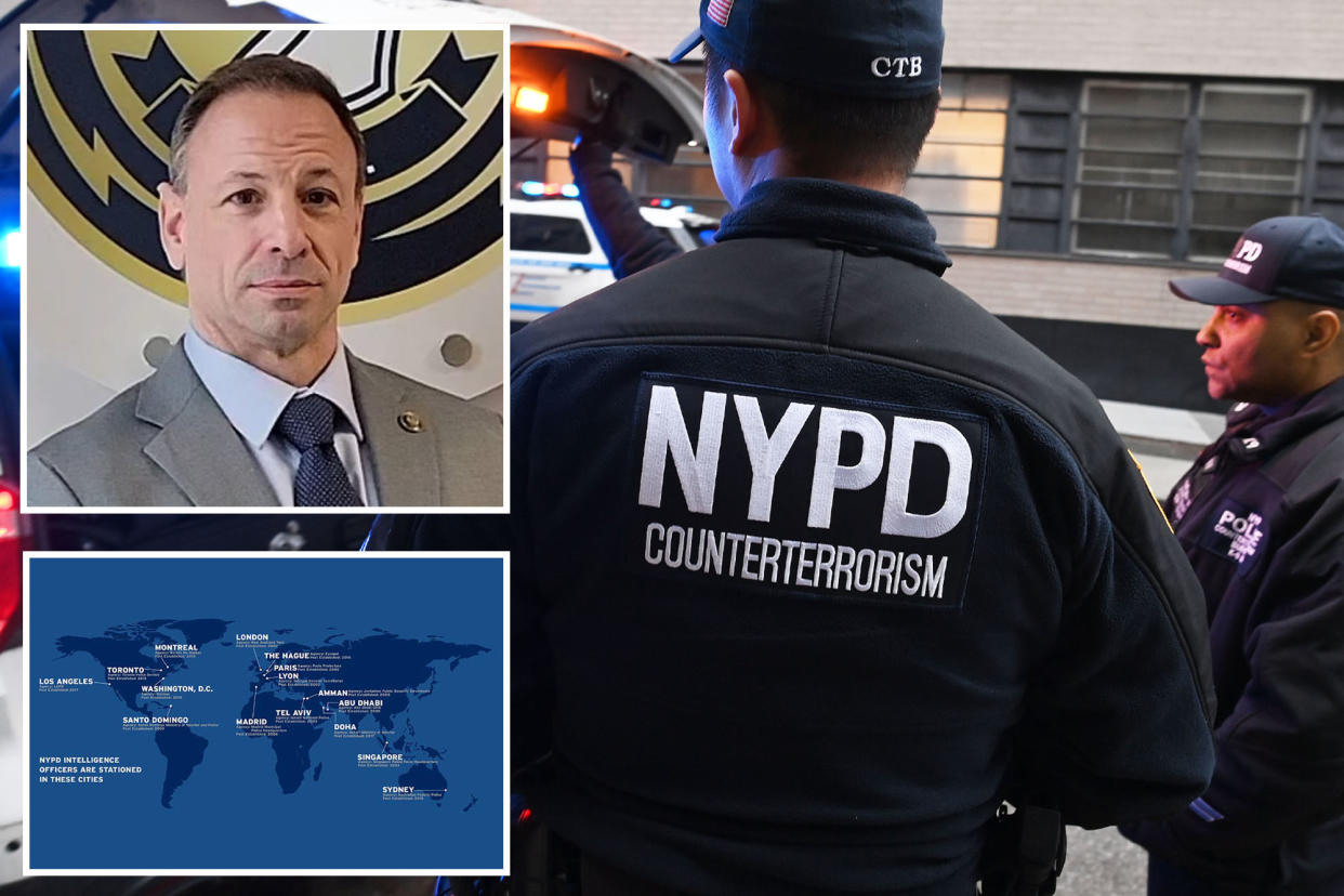 composite image: right nypd counterterrorism officer's jacket, from the back; left Retired NYPD Detective Michael Catlin; lower left a global map showing all the places the nypd assigned officers