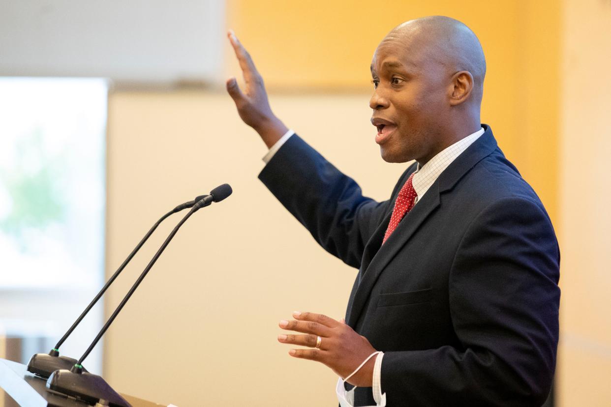 County Commissioner Van Turner, president of the Memphis Chapter of the NAACP, speaks Monday, Aug. 31, 2020, during a press conference at the National Civil Rights Museum in Memphis.