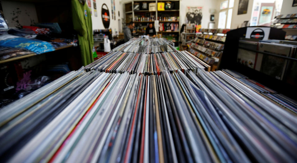 Vinyl albums are in a record store on the eve of Record Store Day.