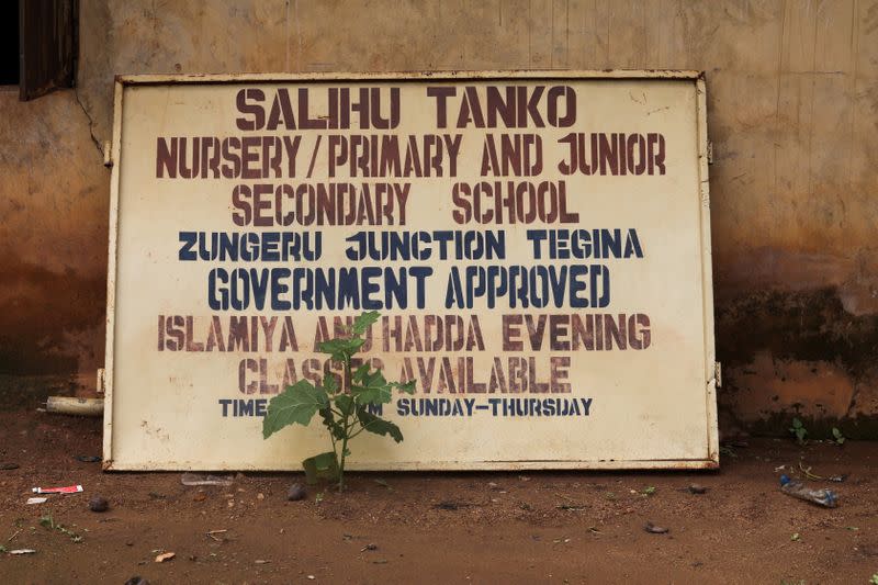 Salihu Tanko Islamic school sign board is seen at the school in Tegina, Niger State