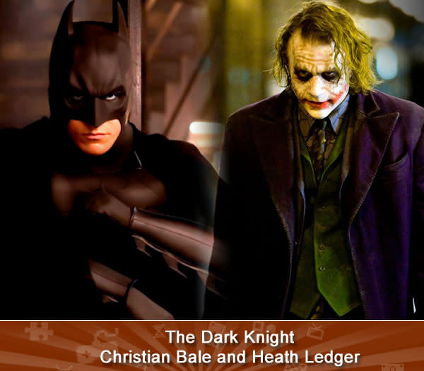 THE DARK KNIGHT ( Christian Bale and Heath Ledger) -- Why so serious? Because Heath Ledger’s performance as The Joker in what many consider the greatest superhero movie of all time is seriously great. Nabbing the actor a posthumous Oscar, Ledger’s homicidal, chaotic mess of a criminal makes other Jokers look positively pleasant. And while Bale’s Batman mostly just growls and fights, he’s still loads better than Val Kilmer (or George Clooney).<br><br>(<a href="http://www.amazon.com/s/ref=nb_sb_noss?url=search-alias%3Dvideogames&field-keywords=The+Dark+Knight&x=0&y=0/?tag=yahgam-20" rel="nofollow noopener" target="_blank" data-ylk="slk:Buy;elm:context_link;itc:0;sec:content-canvas" class="link ">Buy</a> | <a href="http://search.yahoo.com/search?p=The+Dark+Knight&fr=games-flipbook&ygmasrchbtn=Web+Searchcs=bz?" data-ylk="slk:Search;elm:context_link;itc:0;sec:content-canvas" class="link "> Search</a>)