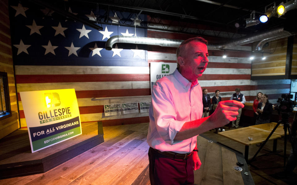 Republican gubernatorial candidate Ed Gillespie gestures during a get-out-the-vote rally in Virginia Beach, Va., on Nov. 5, 2017. Gillespie faces Democratic Lt. Gov. Ralph Northam in Tuesday’s election. (Photo: Steve Helber/AP)