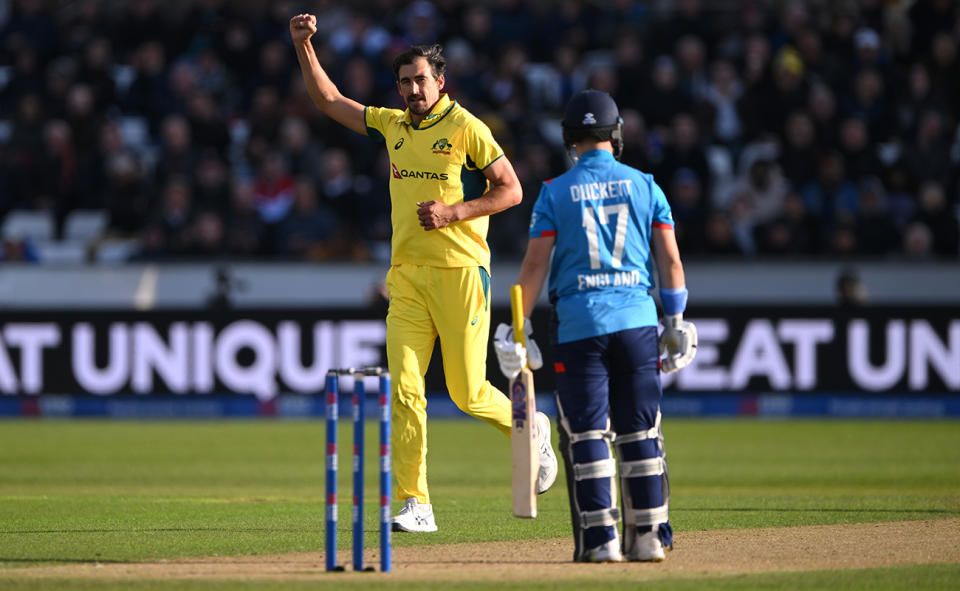 Mitchell Starc, pictured here after dismissing Ben Duckett for his 240th wicket in ODI cricket. 