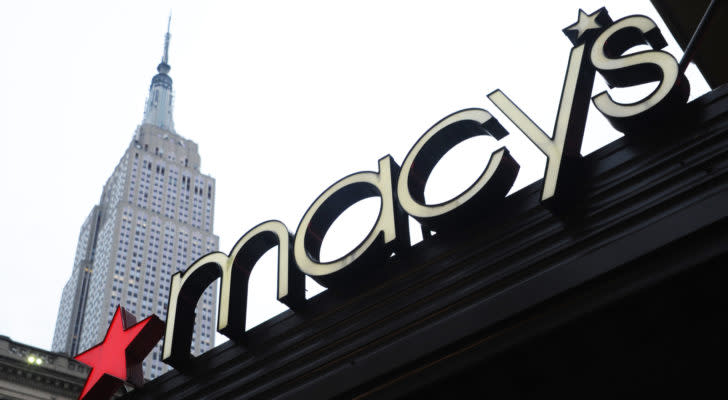 A Macy's (M) sign above a Macy's store in New York City. 