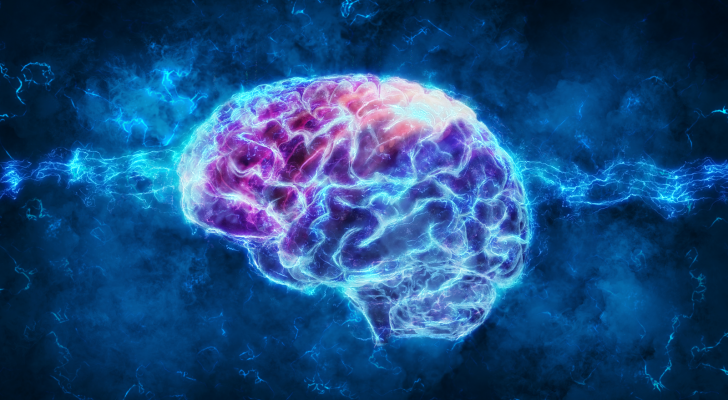 A concept image of a glowing blue brain. AI