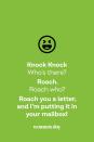 <p><strong>Knock knock.</strong></p><p><em>Who’s there?</em></p><p><strong>Roach.</strong></p><p><em>Roach who?</em></p><p><strong>Roach you a letter, and I’m putting it in your mailbox!</strong></p>