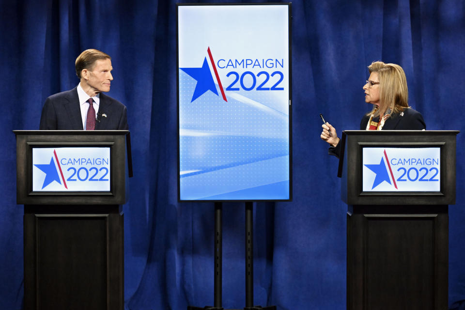 Republican candidate for U.S. Senate Leora Levy, right, looks to U.S. Sen. Richard Blumenthal, D-Conn., left, as she speaks during a live televised debate, Wednesday, Nov. 2, 2022, in Rocky Hill, Conn. (AP Photo/Jessica Hill)