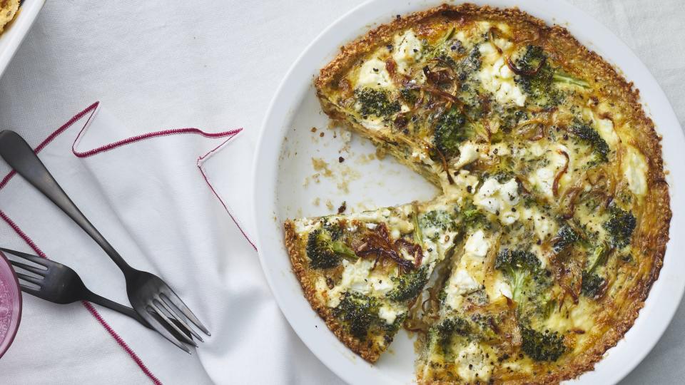 Broccoli–Caramelized Onion Quiche With Quinoa Crust