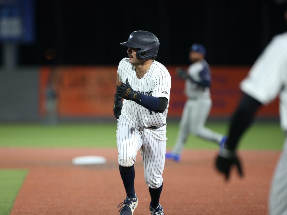 Hudson Valley's Austin Wells returns to first base at bat during the Renegades home opener versus the Brooklyn Cyclones on April 19, 2022. 