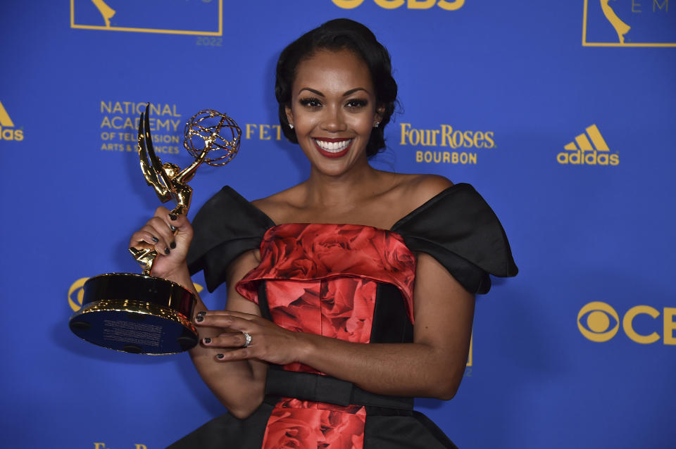 Mishael Morgan poses in the press room with the award for outstanding performance by a lead actress in a drama series for her role in "The Young and the Restless" at the 49th annual Daytime Emmy Awards on Friday, June 24, 2022, in Pasadena, Calif. (Photo by Jordan Strauss/Invision/AP)