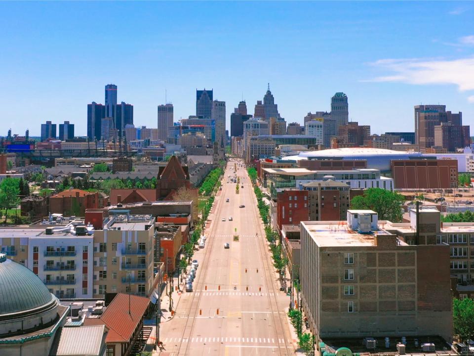 Aerial view of Woodward Avenue in Detroit, Michigan.