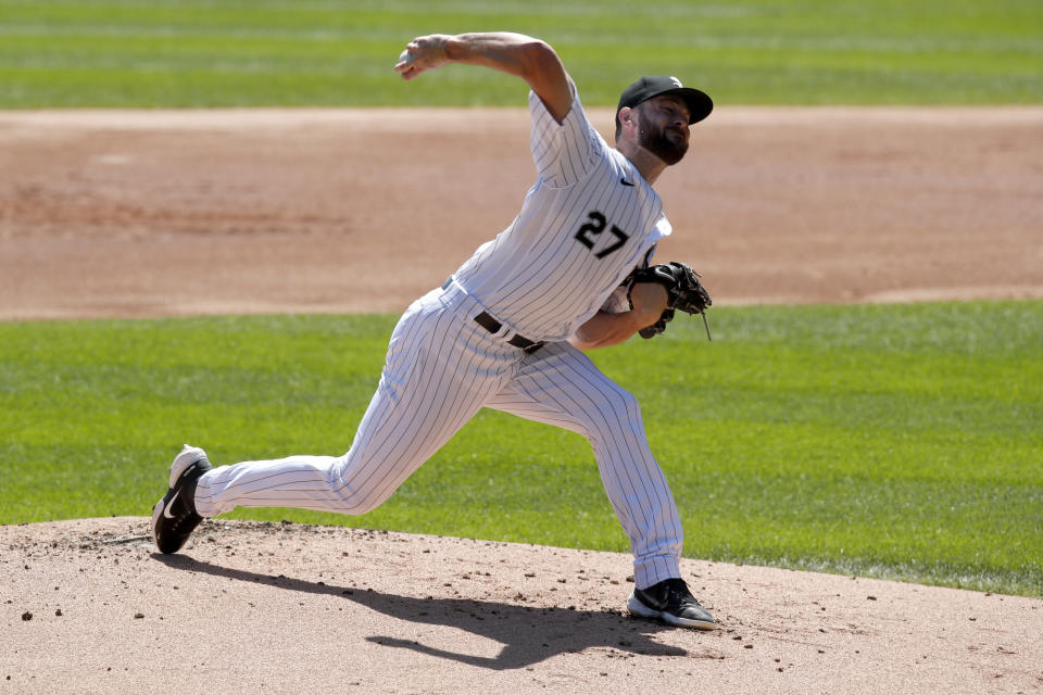 Chicago White Sox starting pitcher Lucas Giolito delivers during the first inning of a baseball game against the Detroit Tigers Thursday, Aug. 20, 2020, in Chicago. (AP Photo/Jeff Haynes)