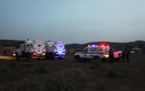 <p>United Nations armored personnel vehicles are stationed with an ambulance outside Campement Kangaba, a tourist resort near Bamako, Mali, Sunday, June 18, 2017. (Baba Ahmed/AP) </p>