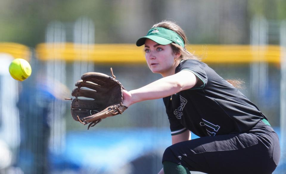 Westfield Shamrocks Cara Snedeker (11) catches the ball Saturday, April 13, 2024, during the game at the Cathedral High School in Indianapolis.