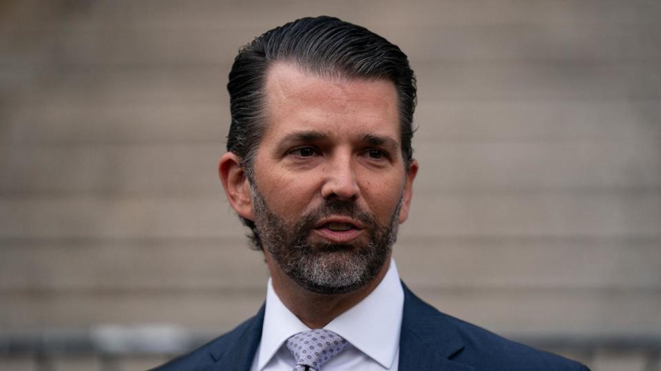 PHOTO: Donald Trump Jr. speaks to members of the media while departing after testifying during the Trump Organization civil fraud trial at the New York State Supreme Court in New York City on Nov. 13, 2023. (Adam Gray/AFP via Getty Images, FILE)