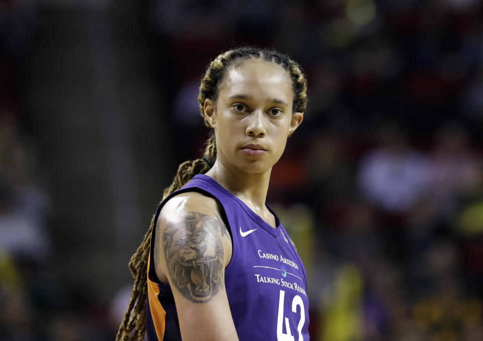 Brittney Griner doesn't plan to be on the floor this season when the anthem is played. (AP Photo/Elaine Thompson)