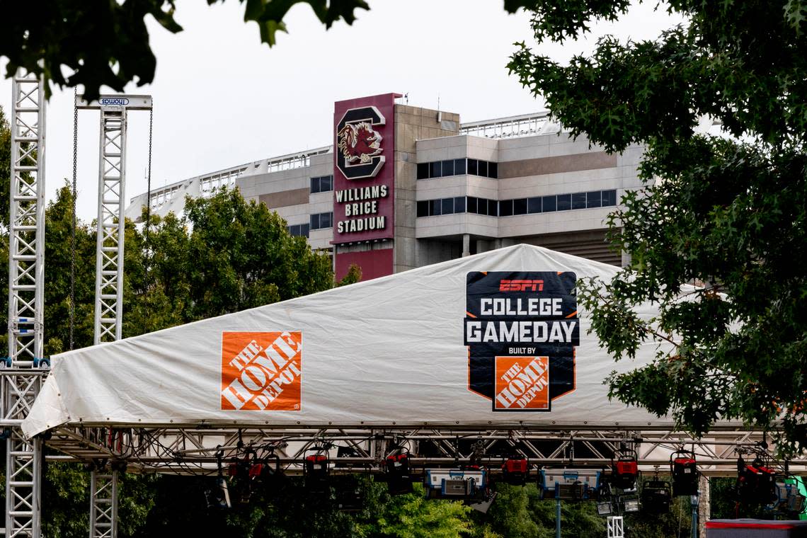 Crews set up for the broadcast of College GameDay at Gamecock Park on Thursday Sept. 12, 2024.