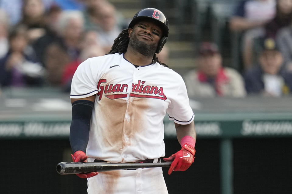 Cleveland Guardians' Josh Bell grimaces after striking out during the third inning of the team's baseball game against the Boston Red Sox, Tuesday, June 6, 2023, in Cleveland. (AP Photo/Sue Ogrocki)