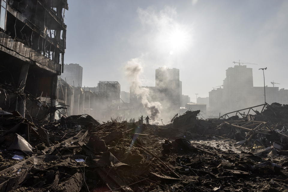 General view of the site of a bombing at a shopping center as Russia's invasion of Ukraine continues, in Kyiv, Ukraine March 21, 2022. REUTERS/Marko Djurica