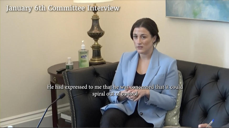 Cassidy Hutchinson during her prerecorded testimony as seen at the House select committee hearing.