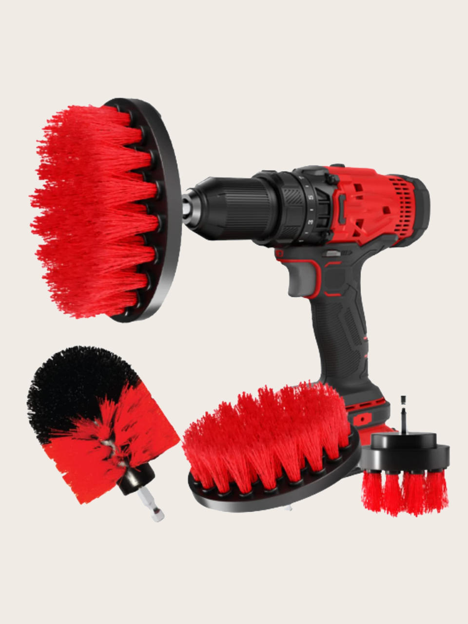 Black and red drill with black and red brush attachments.