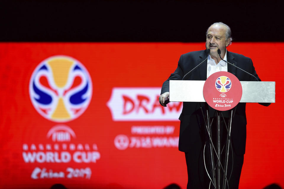 FIBA President Horacio Muratore speaks during the draw ceremony for the 2019 FIBA Basketball World Cup in Shenzhen in southern China's Guangdong Province, Saturday, March 16, 2019. The competition will take place in 8 cities across China later this year. (Chinatopix via AP)