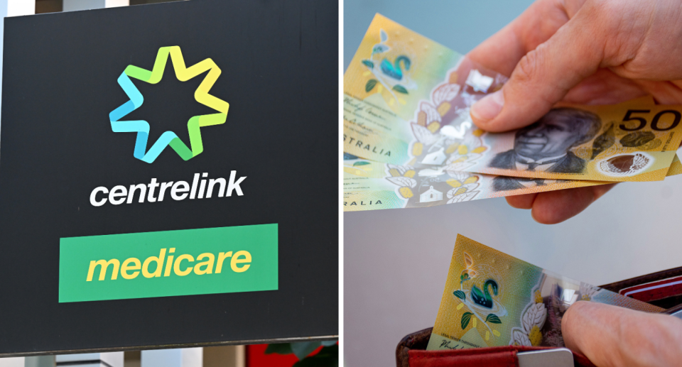 Composite image of Centrelink sign and Australian money.