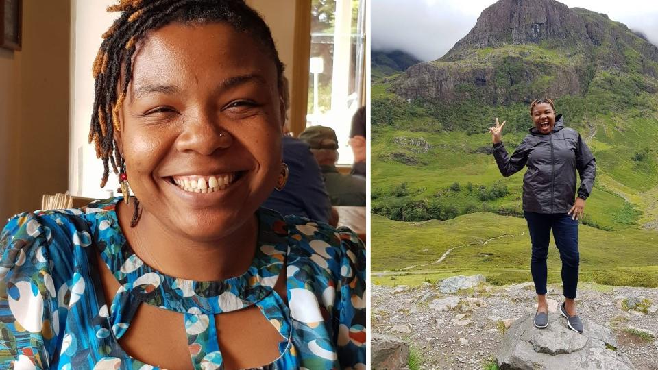 Wadzanai Nenzou smiles at the camera, Wadzanai poses with the peace sign in Scotland. 