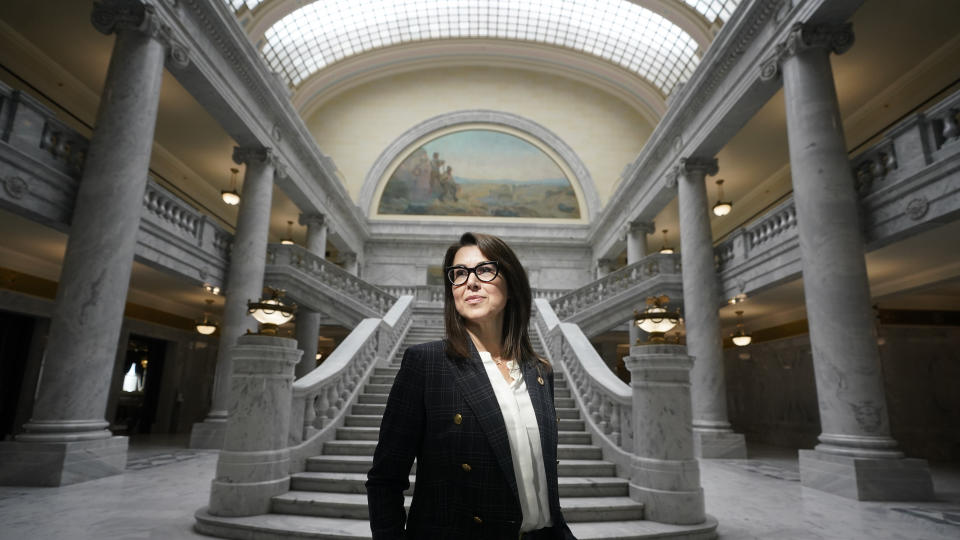 FILE - Utah Lt. Gov. Deidre Henderson poses for a photograph April 14, 2022, in Salt Lake City. With six months to go before the likely rematch between President Joe Biden and former President Donald Trump, concerns are running high among election officials that public distrust of voting and ballot counting persists, particularly among Republicans. Henderson said avoiding criticism of other states and vouching for the legitimacy of election procedures is important to reduce the threats and harassment directed toward election workers. (AP Photo/Rick Bowmer, File)