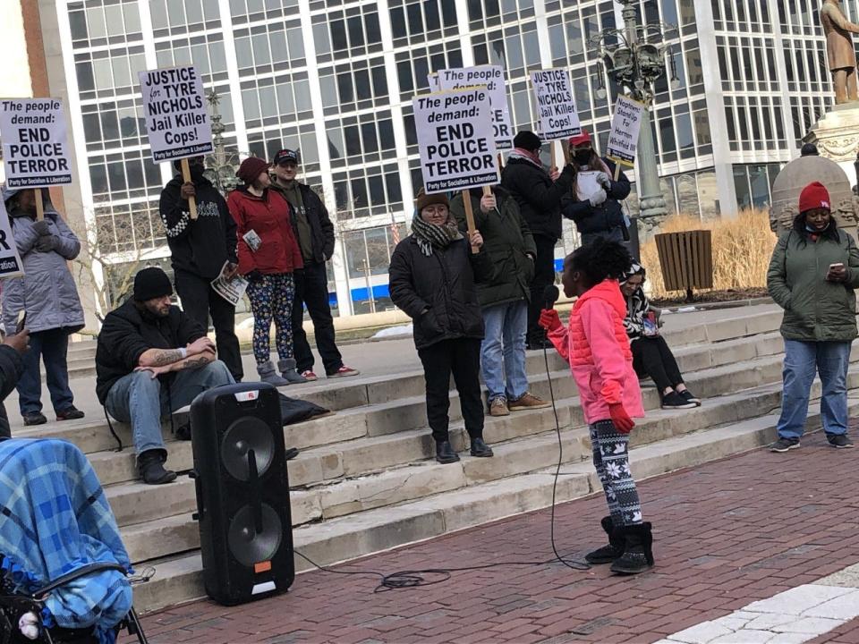 Rosetta Walker, 10, was among the speakers during the protest against police brutality organized by the Party for Socialism and Liberation -- Indianapolis at Monument Circle on Feb. 4, 2023.