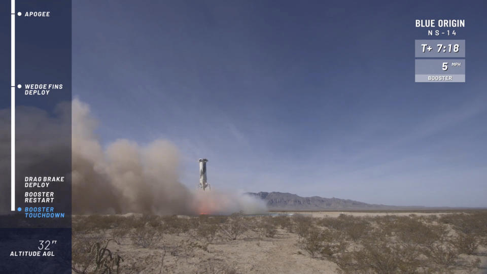 In this image from video made available by Blue Origin, the company's New Shepard rocket lands after a test flight in West Texas on Thursday, Jan. 14, 2021. (Blue Origin via AP)