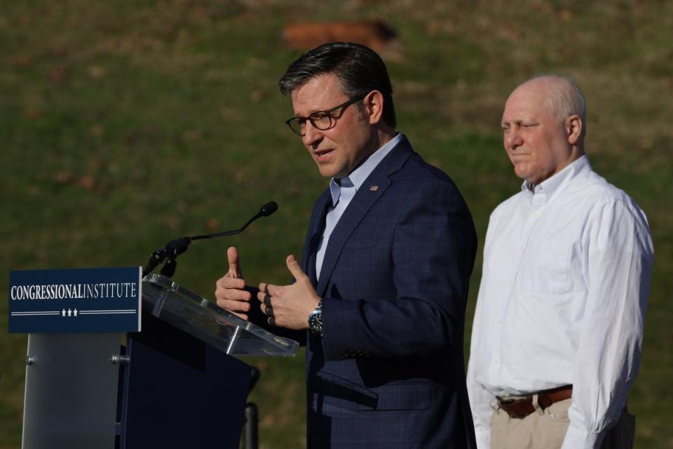 Speaker Mike Johnson speaks at the 2024 GOP retreat (Getty Images)