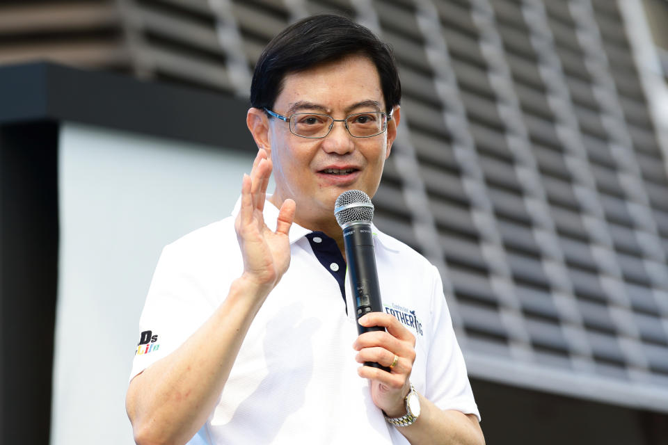 SINGAPORE - JUNE 16:  Singapore Deputy Prime Minister and Minister of Finance, Heng Swee Keat speaks during the launch of Celebrating Fathers' - Dad's Day Out at OCBC Square, Singapore Sports Hub on June 16, 2019 in Singapore.  (Photo by Suhaimi Abdullah/Getty Images for Singapore Sports Hub)