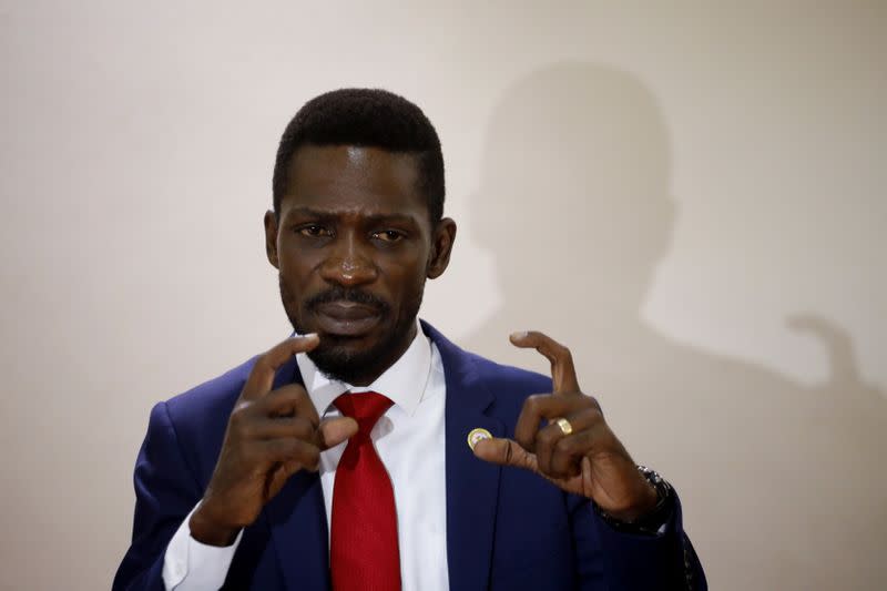 Ugandan opposition presidential candidate Robert Kyagulanyi, also known as Bobi Wine, speaks during a press conference with other opposition leaders in Kampala
