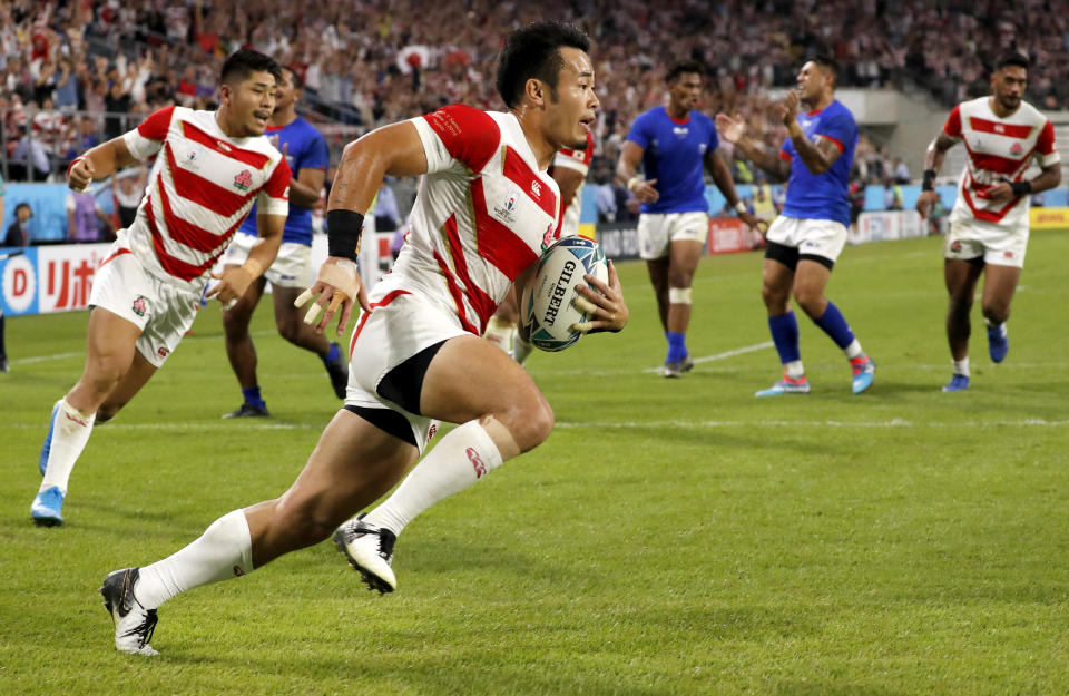 FILE - In this Oct. 5, 2019, file photo, Japan's Kenki Fukuoka runs in to score a try during the Rugby World Cup Pool A game at City of Toyota Stadium between Japan and Samoa in Tokyo City, Japan. Fukuoka will retire after playing for the Panasonic Wild Knights against Suntory Sungoliath in the final of Japan's Top League club competition on Sunday May 23. (AP Photo/Shuji Kajiyama, File)