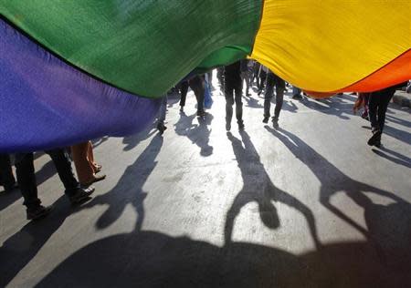 Participants hold a rainbow flag during "Queer Azadi Mumbai 2011" (Queer Freedom Mumbai 2011), a parade for gay and lesbian rights, in Mumbai January 29, 2011. REUTERS/Danish Siddiqui